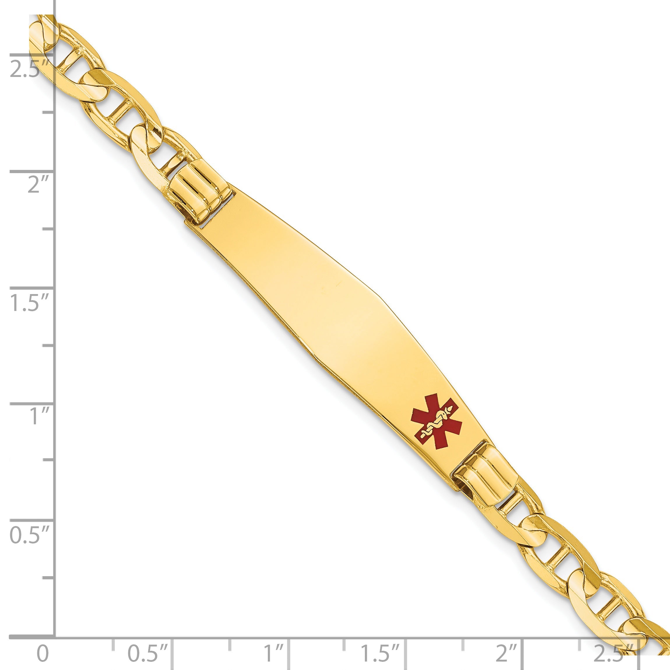 14K Yellow Gold Medical Solid Chain/Solid Plate Soft Diamond Shape 38X9mm Off Center Red Enamel Anchor Link 8 Inch Id Bracelet
