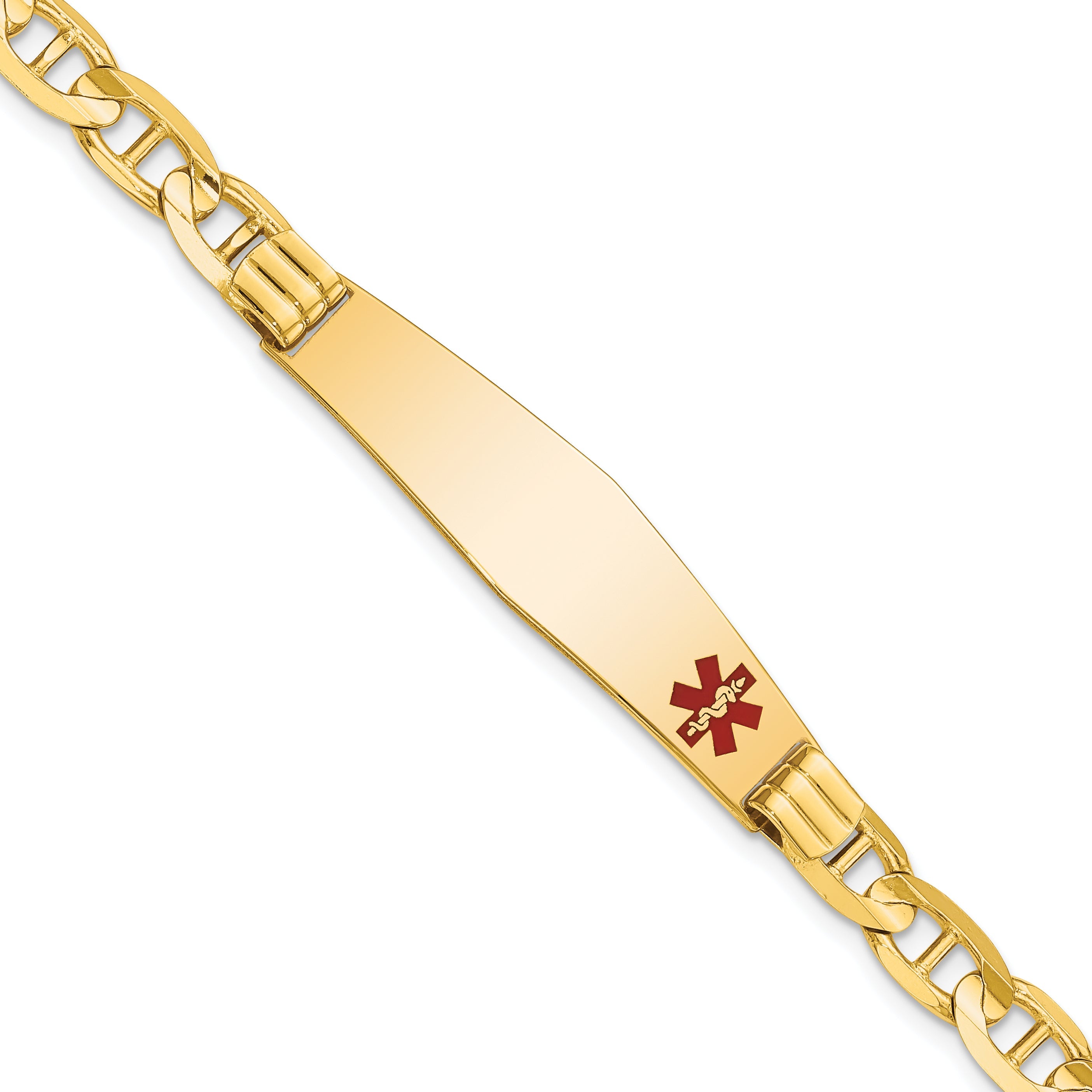 14K Yellow Gold Medical Solid Chain/Solid Plate Soft Diamond Shape 38X9mm Off Center Red Enamel Anchor Link 8 Inch Id Bracelet