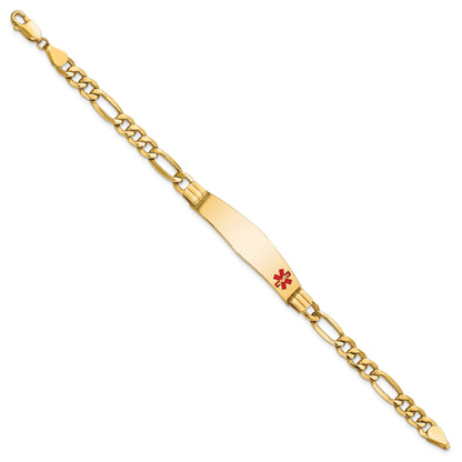 14K Yellow Gold Medical Semi Solid Chain/Solid Plate Soft Diamond Shape 38X9mm Off Center Red Enamel Figaro Link 8 Inch Id Bracelet