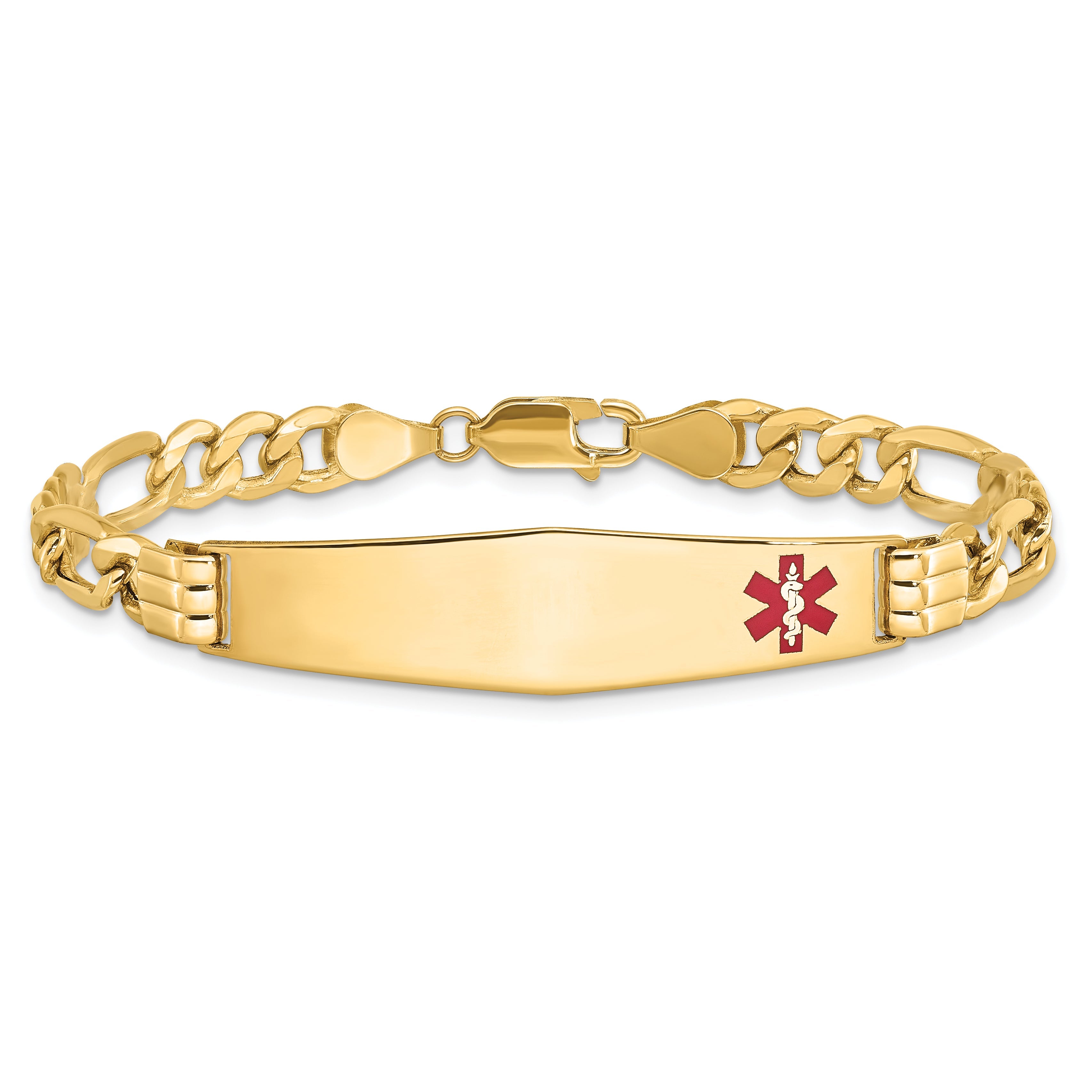 14K Yellow Gold Medical Semi Solid Chain/Solid Plate Soft Diamond Shape 38X9mm Off Center Red Enamel Figaro Link 7 Inch Id Bracelet