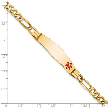 14K Yellow Gold Medical Semi Solid Chain/Solid Plate Soft Diamond Shape 38X9mm Off Center Red Enamel Figaro Link 8 Inch Id Bracelet
