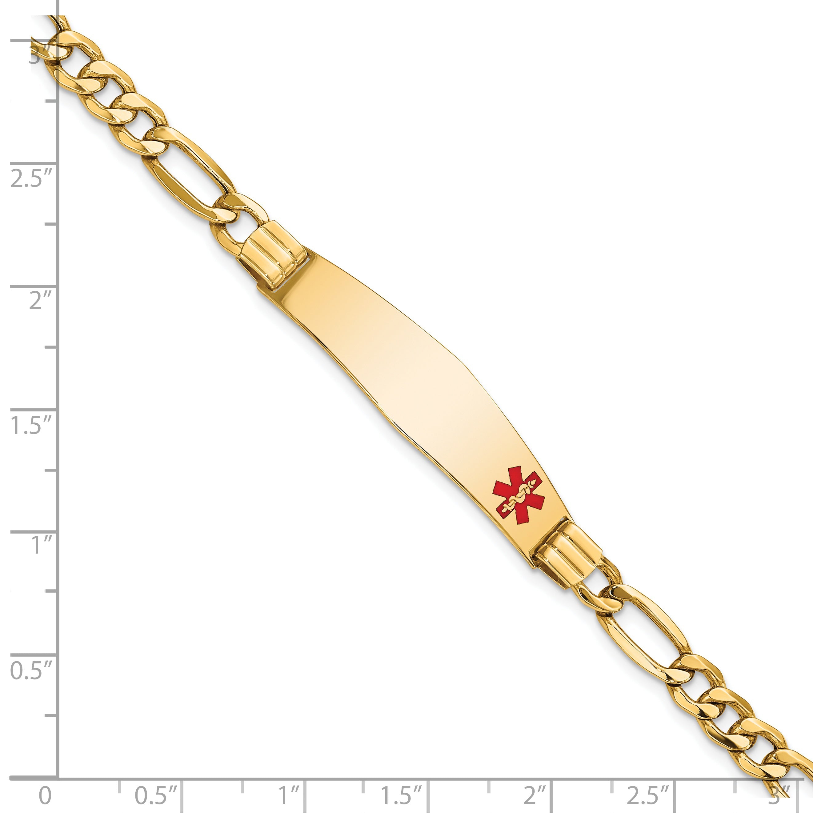 14K Yellow Gold Medical Semi Solid Chain/Solid Plate Soft Diamond Shape 38X9mm Off Center Red Enamel Figaro Link 7 Inch Id Bracelet