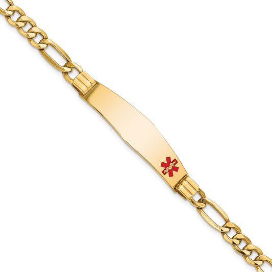 14K Yellow Gold Medical Semi Solid Chain/Solid Plate Soft Diamond Shape 38X9mm Off Center Red Enamel Figaro Link 8 Inch Id Bracelet