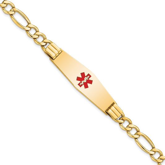 14K Yellow Gold Medical Semi Solid Chain/Solid Plate Soft Diamond Shape 40X12mm Centered Red Enamel Figaro Link 8 Inch Id Bracelet