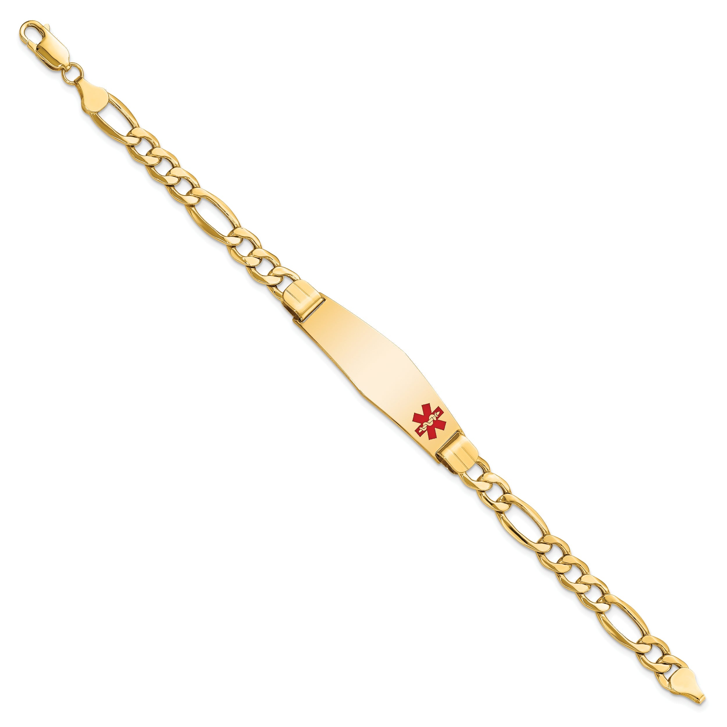 14K Yellow Gold Medical Semi Solid Chain/Solid Plate Soft Diamond Shape 40X12mm Off Center Red Enamel Figaro Link 8 Inch Id Bracelet