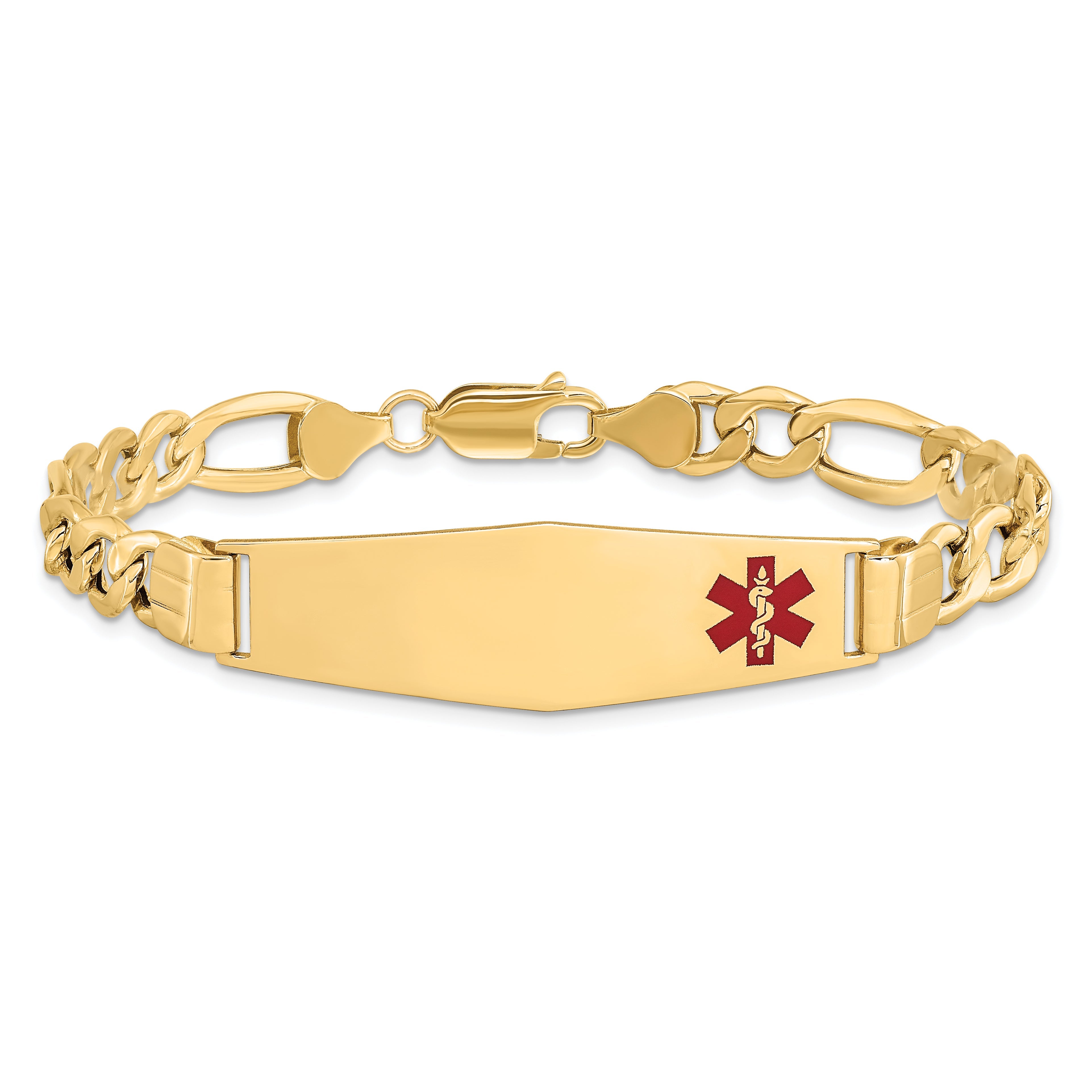 14K Yellow Gold Medical Semi Solid Chain/Solid Plate Soft Diamond Shape 40X12mm Off Center Red Enamel Figaro Link 8 Inch Id Bracelet