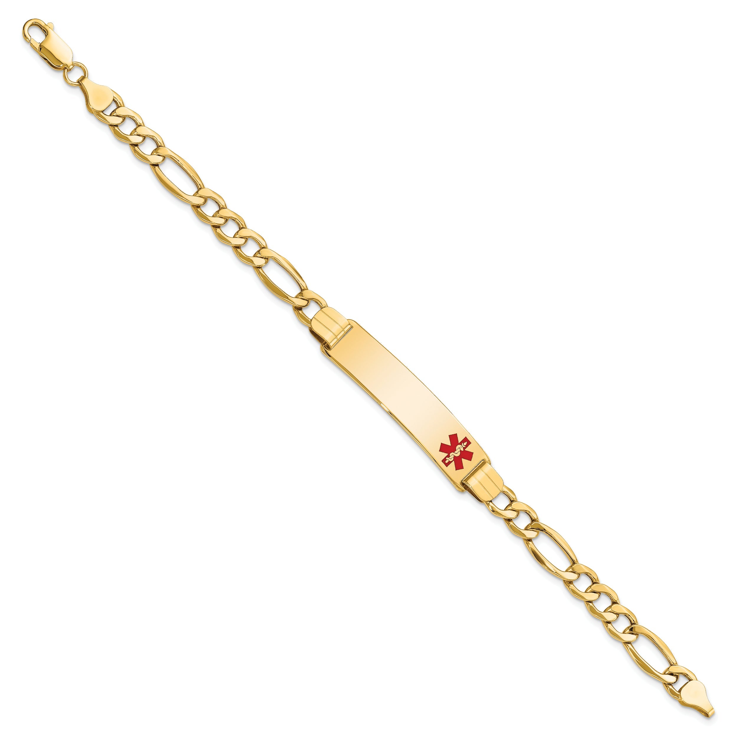 14K Yellow Gold Medical Semi Solid Chain/Solid Plate 40X10mm Off Center Red Enamel Figaro Link 8 Inch Id Bracelet