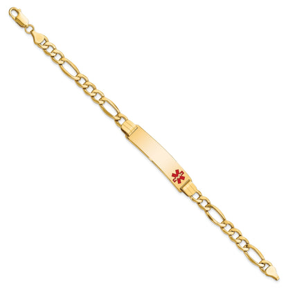 14K Yellow Gold Medical Semi Solid Chain/Solid Plate 40X10mm Off Center Red Enamel Figaro Link 8 Inch Id Bracelet