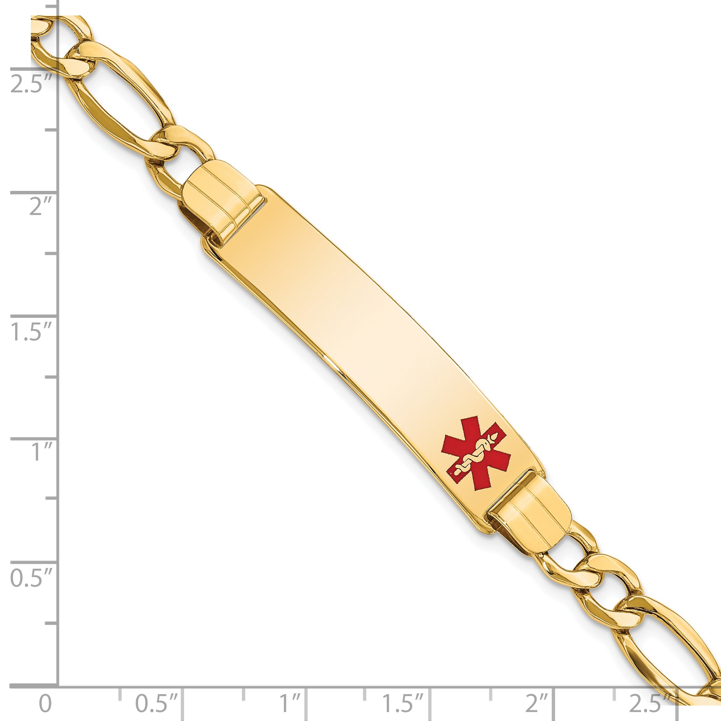 14K Yellow Gold Medical Semi Solid Chain/Solid Plate 40X10mm Off Center Red Enamel Figaro Link 8 Inch Id Bracelet