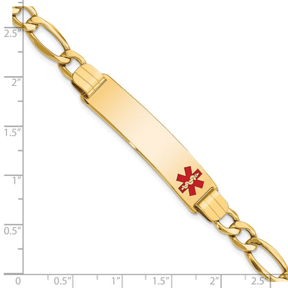 14K Yellow Gold Medical Semi Solid Chain/Solid Plate 40X10mm Off Center Red Enamel Figaro Link 8 Inch Id Bracelet