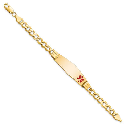 14K Yellow Gold Medical Semi Solid Chain/Solid Plate Soft Diamond Shape 40X12mm Off Center Red Enamel Curb Link 8 Inch Id Bracelet