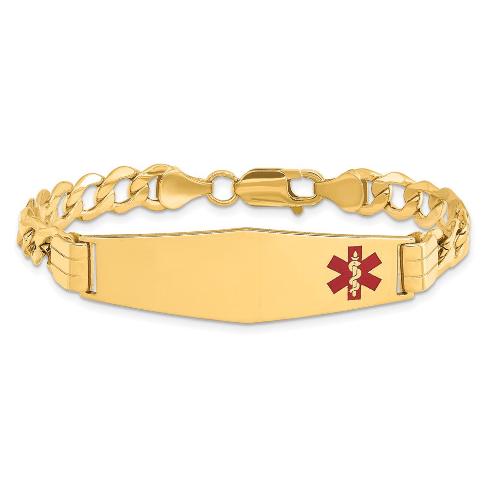 14K Yellow Gold Medical Semi Solid Chain/Solid Plate Soft Diamond Shape 40X12mm Off Center Red Enamel Curb Link 8 Inch Id Bracelet