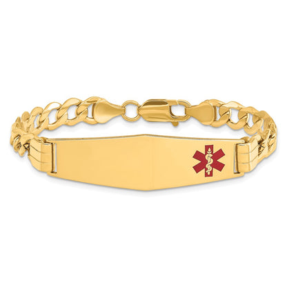 14K Yellow Gold Medical Semi Solid Chain/Solid Plate Soft Diamond Shape 40X12mm Off Center Red Enamel Curb Link 8 Inch Id Bracelet
