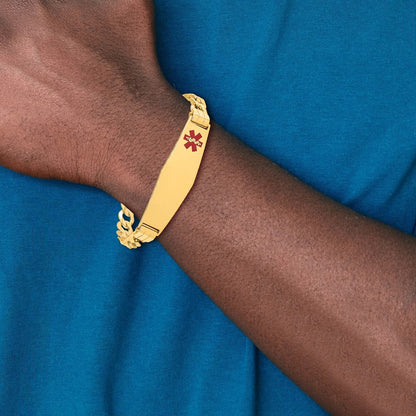 14K Yellow Gold Medical Semi Solid Chain/Solid Plate Soft Diamond Shape 40X12mm Off Center Red Enamel Curb Link 8 Inch Id Bracelet