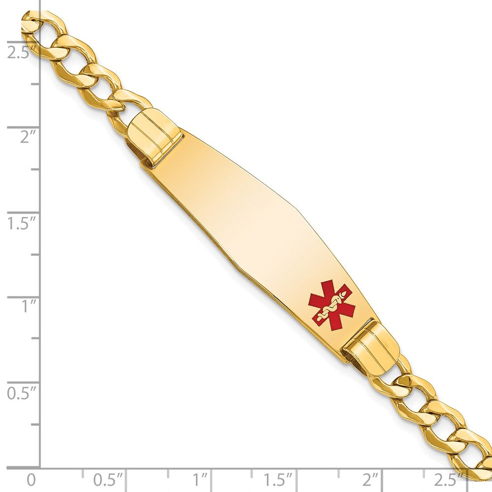 14K Yellow Gold Medical Semi Solid Chain/Solid Plate Soft Diamond Shape 40X12mm Off Center Red Enamel Curb Link 8 Inch Id Bracelet