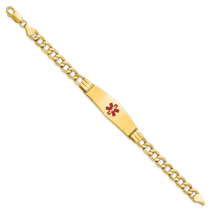 14K Yellow Gold Medical Semi Solid Chain/Solid Plate Soft Diamond Shape 40X12mm Centered Red Enamel Curb Link 7 Inch Id Bracelet