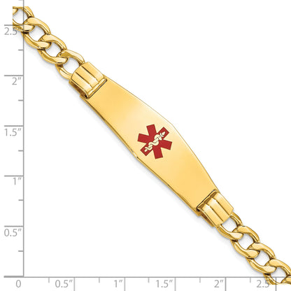 14K Yellow Gold Medical Semi Solid Chain/Solid Plate Soft Diamond Shape 40X12mm Centered Red Enamel Curb Link 7 Inch Id Bracelet