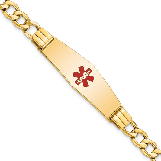 14K Yellow Gold Medical Semi Solid Chain/Solid Plate Soft Diamond Shape 40X12mm Centered Red Enamel Curb Link 7 Inch Id Bracelet
