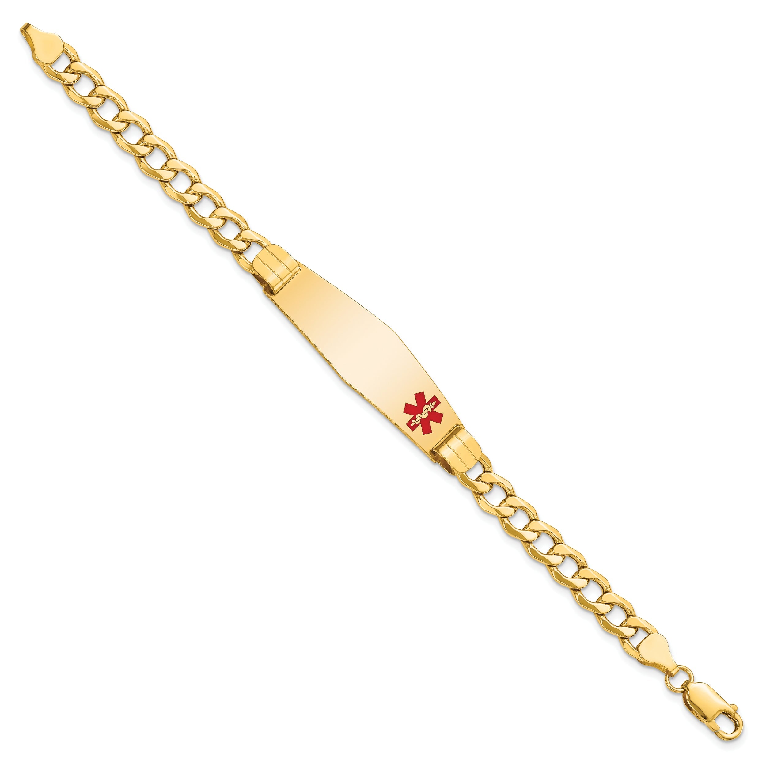 14K Yellow Gold Medical Semi Solid Chain/Solid Plate Soft Diamond Shape 40X12mm Off Center Red Enamel Curb Link 7 Inch Id Bracelet