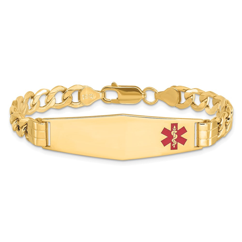 14K Yellow Gold Medical Semi Solid Chain/Solid Plate Soft Diamond Shape 40X12mm Off Center Red Enamel Curb Link 8 Inch Id Bracelet
