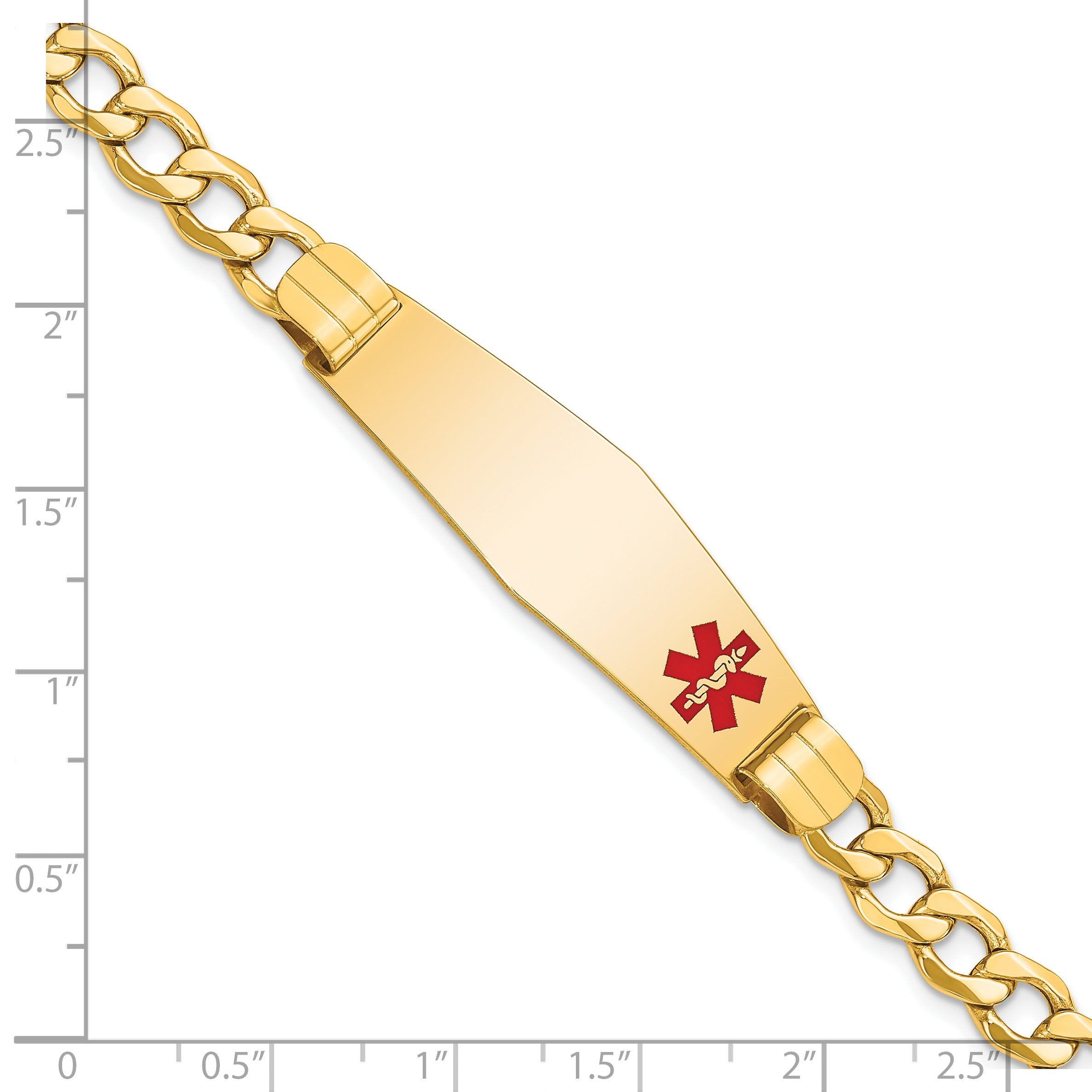 14K Yellow Gold Medical Semi Solid Chain/Solid Plate Soft Diamond Shape 40X12mm Off Center Red Enamel Curb Link 7 Inch Id Bracelet