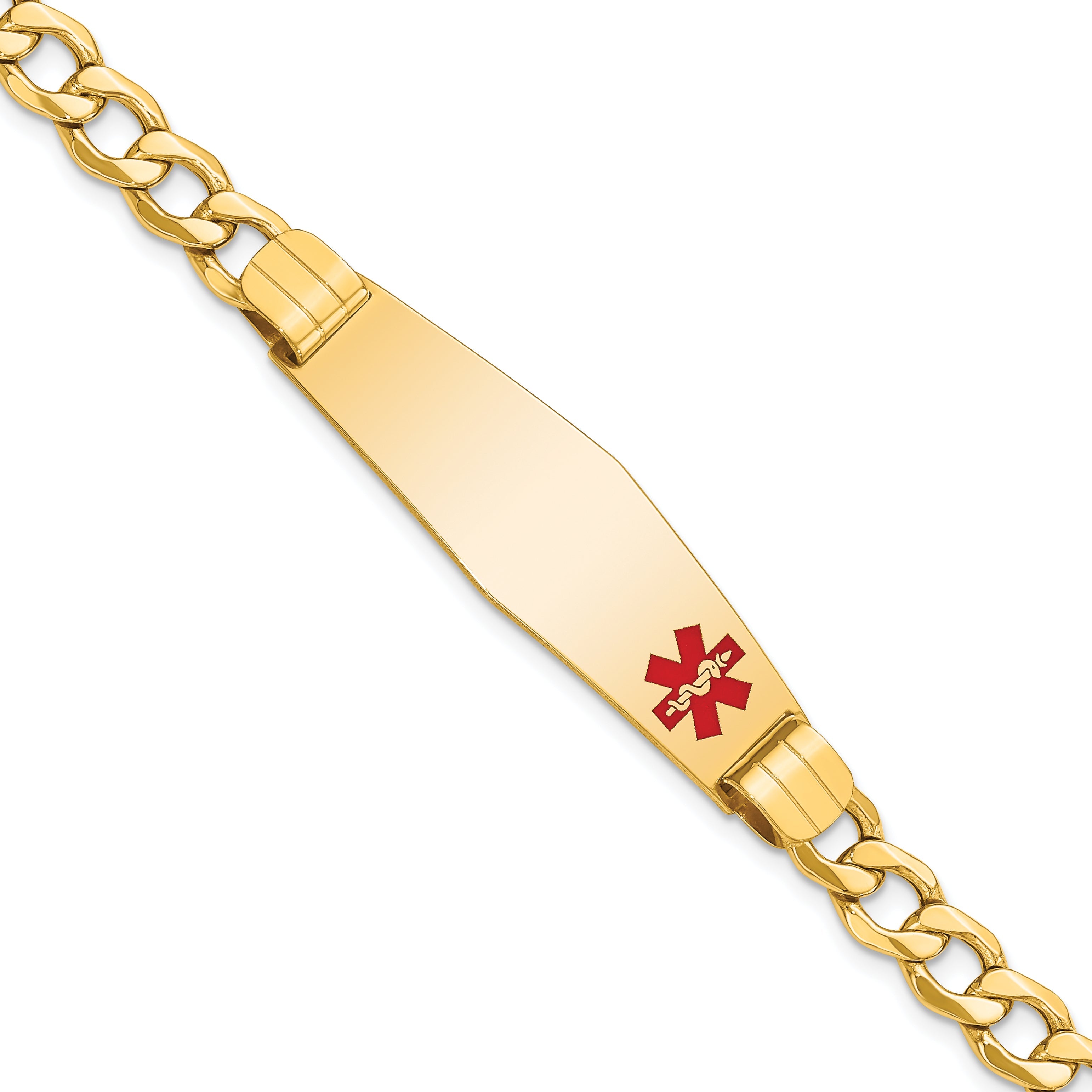 14K Yellow Gold Medical Semi Solid Chain/Solid Plate Soft Diamond Shape 40X12mm Off Center Red Enamel Curb Link 7 Inch Id Bracelet