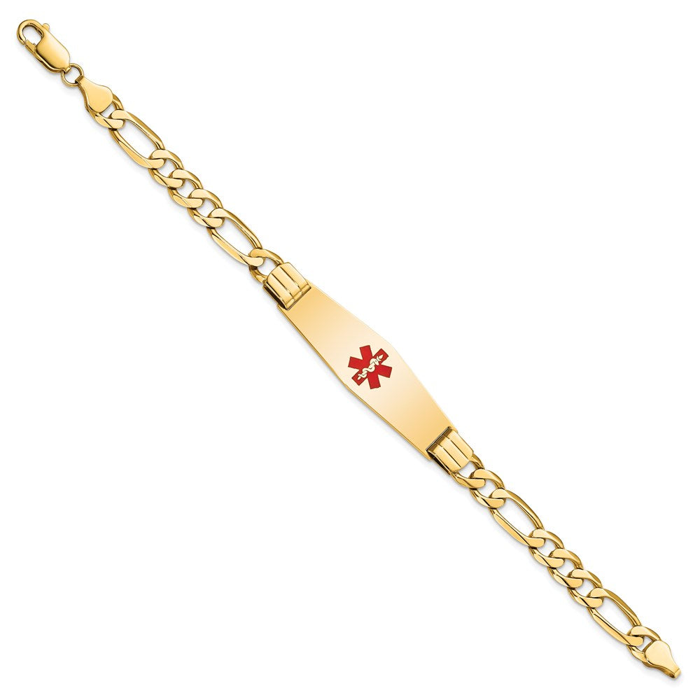 14K Yellow Gold Medical Solid Chain/Solid Plate Soft Diamond Shape 40X12mm Centered Red Enamel Flat Figaro Link 8 Inch Id Bracelet