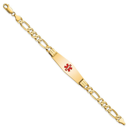 14K Yellow Gold Medical Solid Chain/Solid Plate Soft Diamond Shape 40X12mm Centered Red Enamel Flat Figaro Link 8 Inch Id Bracelet