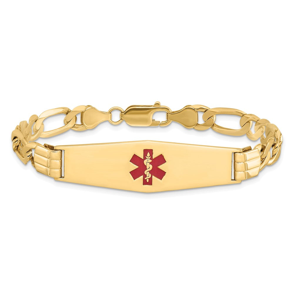 14K Yellow Gold Medical Solid Chain/Solid Plate Soft Diamond Shape 40X12mm Centered Red Enamel Flat Figaro Link 8 Inch Id Bracelet