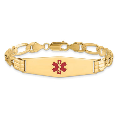 14K Yellow Gold Medical Solid Chain/Solid Plate Soft Diamond Shape 40X12mm Centered Red Enamel Flat Figaro Link 8 Inch Id Bracelet