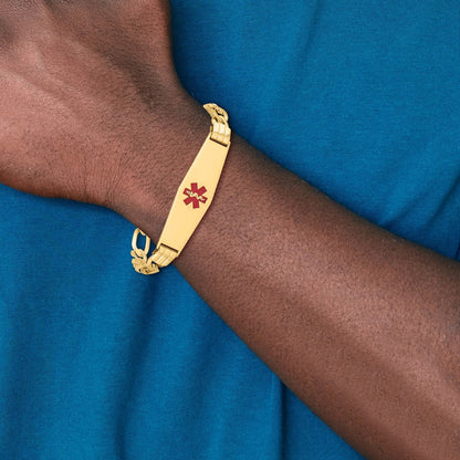 14K Yellow Gold Medical Solid Chain/Solid Plate Soft Diamond Shape 40X12mm Centered Red Enamel Flat Figaro Link 8 Inch Id Bracelet