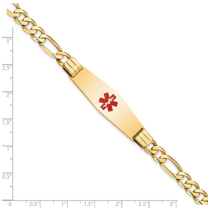 14K Yellow Gold Medical Solid Chain/Solid Plate Soft Diamond Shape 40X12mm Centered Red Enamel Flat Figaro Link 8 Inch Id Bracelet