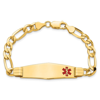 14K Yellow Gold Medical Solid Chain/Solid Plate Soft Diamond Shape 39X12mm Off Center Red Enamel Flat Figaro Link 8 Inch Id Bracelet