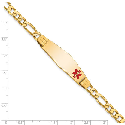 14K Yellow Gold Medical Solid Chain/Solid Plate Soft Diamond Shape 39X12mm Off Center Red Enamel Flat Figaro Link 8 Inch Id Bracelet