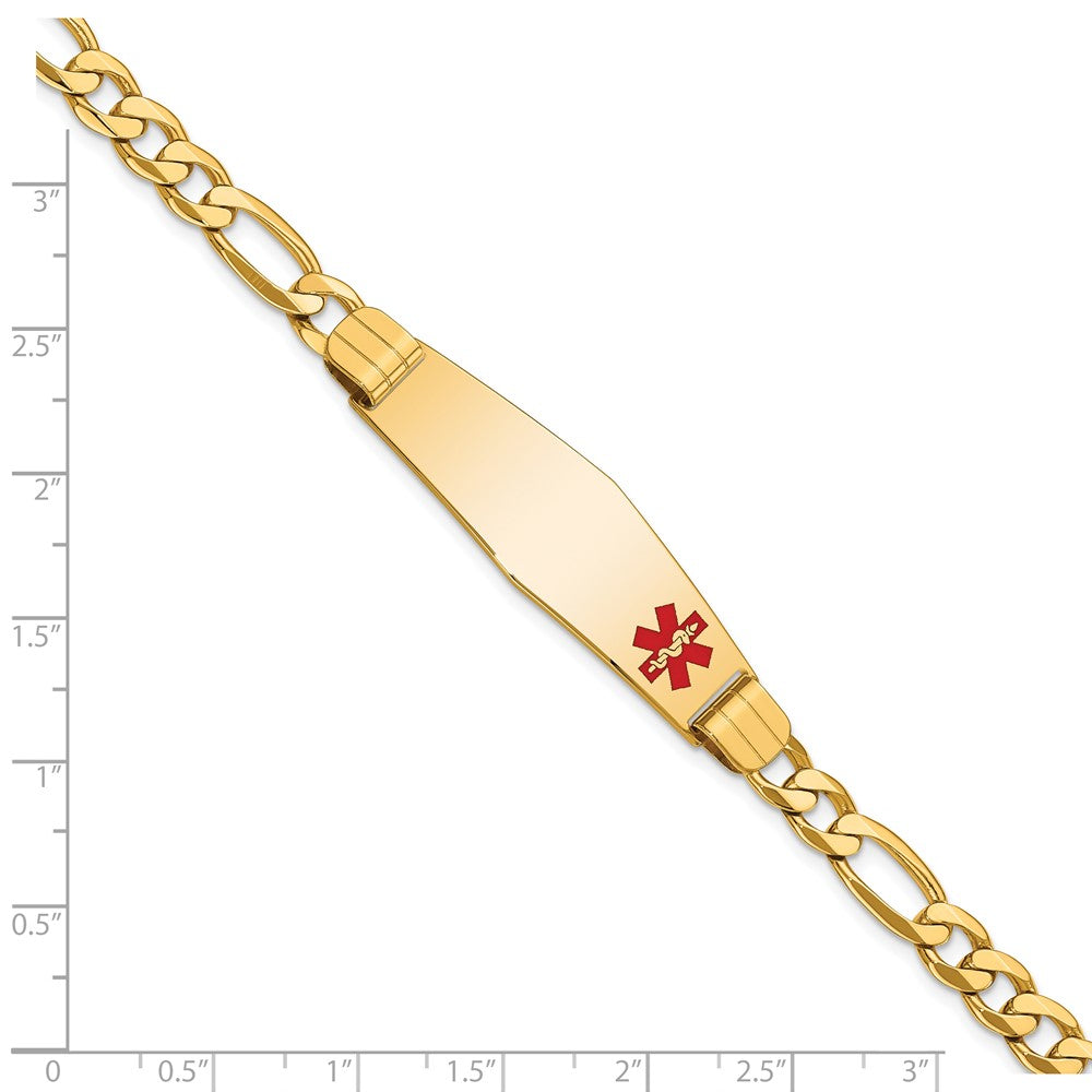 14K Yellow Gold Medical Solid Chain/Solid Plate Soft Diamond Shape 39X12mm Off Center Red Enamel Flat Figaro Link 7 Inch Id Bracelet