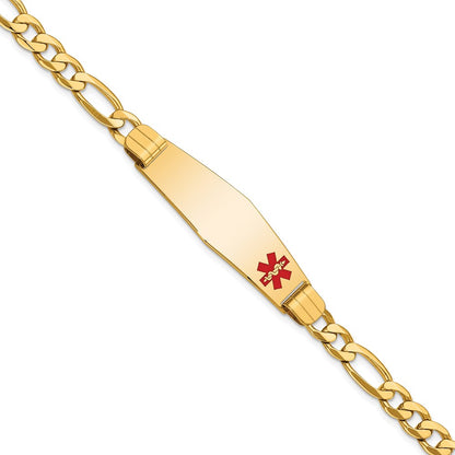 14K Yellow Gold Medical Solid Chain/Solid Plate Soft Diamond Shape 39X12mm Off Center Red Enamel Flat Figaro Link 7 Inch Id Bracelet