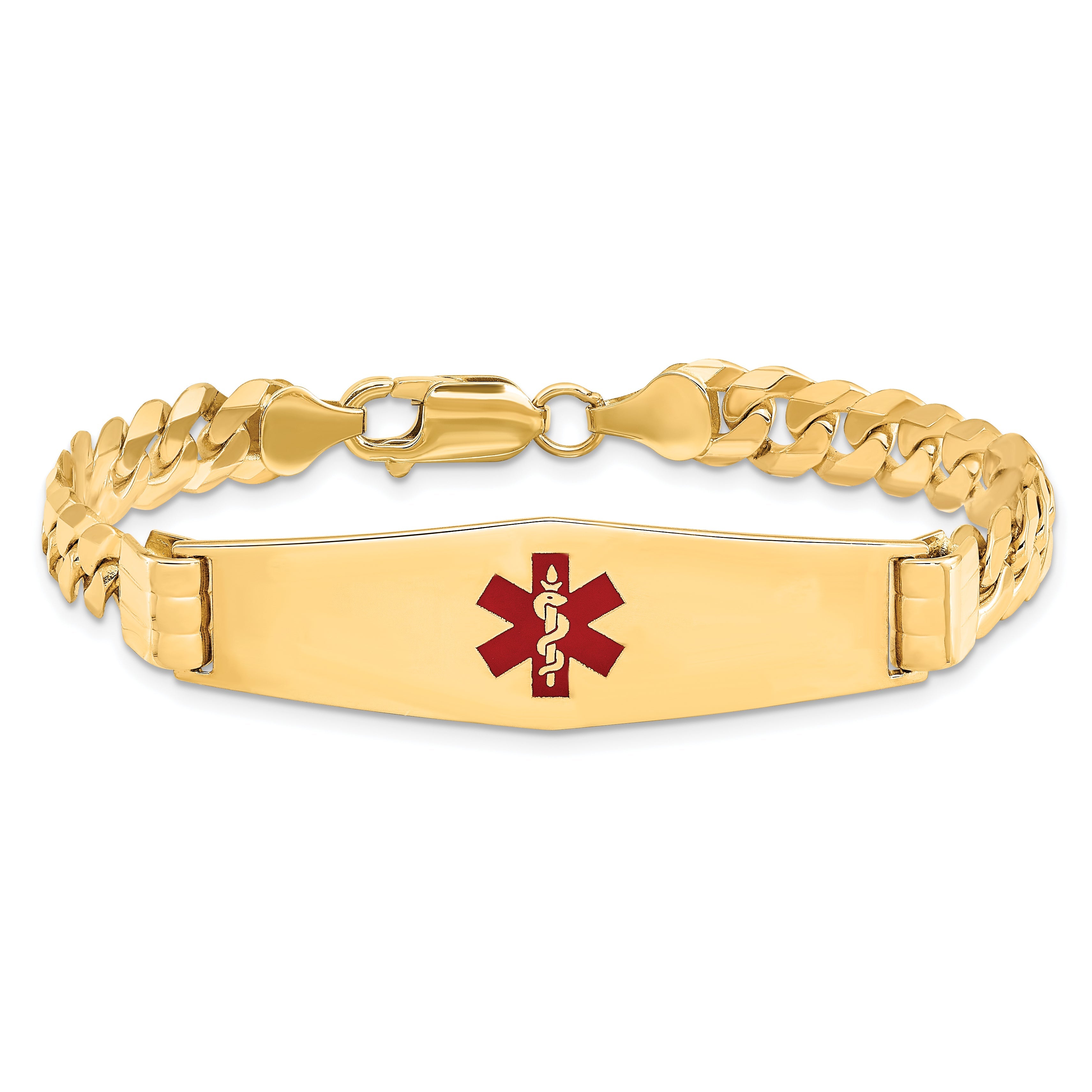14K Yellow Gold Medical Solid Chain/Solid Plate Soft Diamond Shape 40X12mm Centered Red Enamel Curb Link 7 Inch Id Bracelet