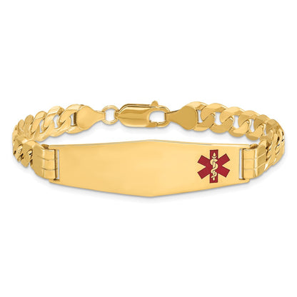 14K Yellow Gold Medical Solid Chain/Solid Plate Soft Diamond Shape 39X12mm Off Center Red Enamel Curb Link 8 Inch Id Bracelet