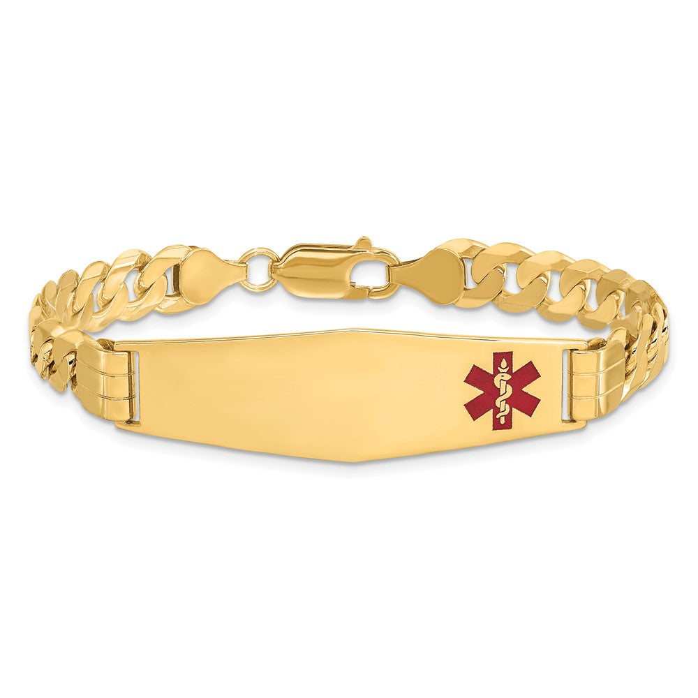 14K Yellow Gold Medical Solid Chain/Solid Plate Soft Diamond Shape 39X12mm Off Center Red Enamel Curb Link 7 Inch Id Bracelet