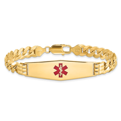 14K Yellow Gold Medical Solid Chain/Solid Plate Soft Diamond Shape 40X12mm Centered Red Enamel Flat Curb Link 8 Inch Id Bracelet