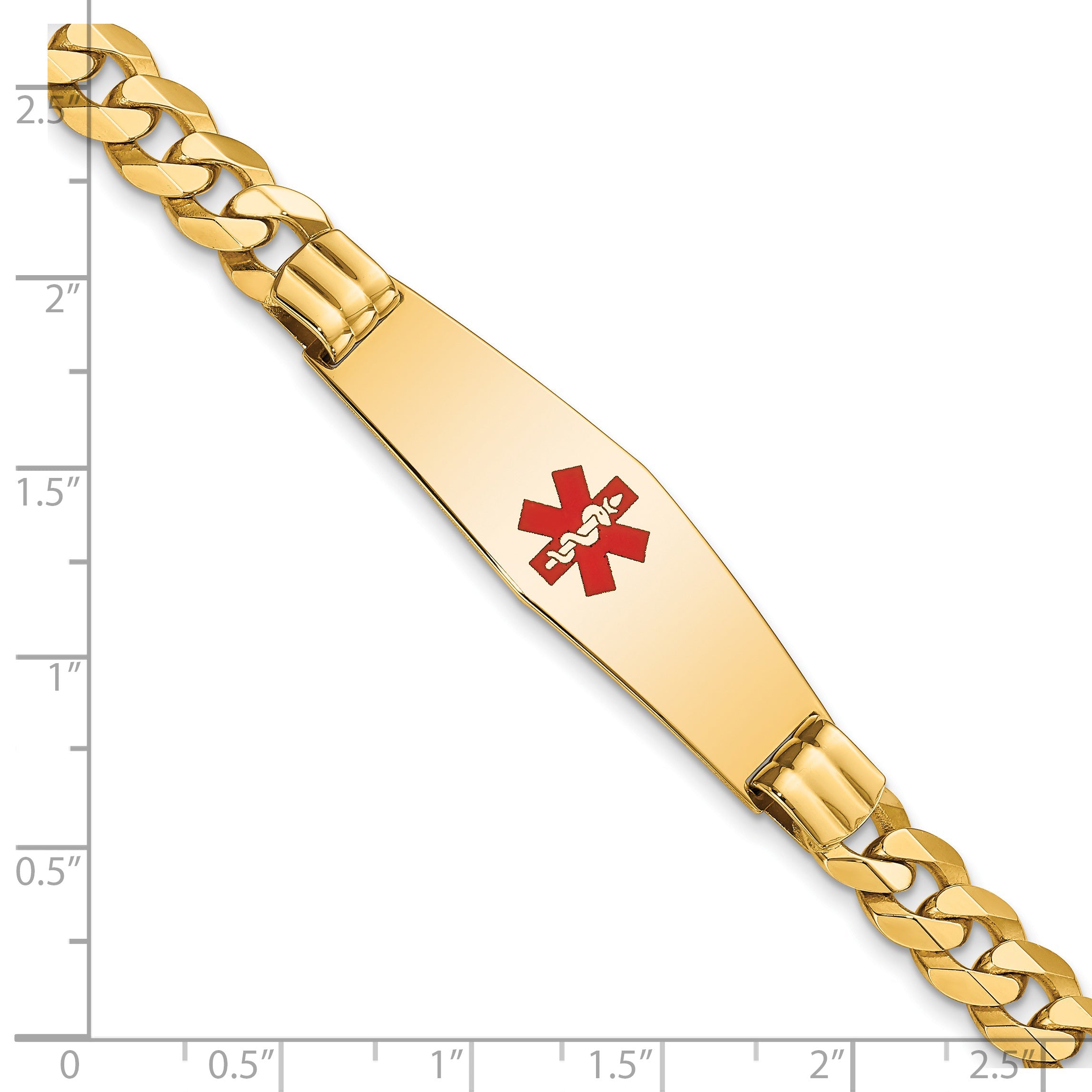 14K Yellow Gold Medical Solid Chain/Solid Plate Soft Diamond Shape 40X12mm Centered Red Enamel Flat Curb Link 8 Inch Id Bracelet