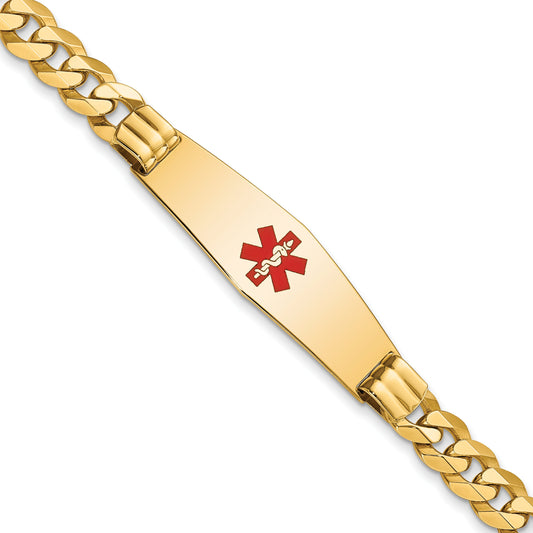 14K Yellow Gold Medical Solid Chain/Solid Plate Soft Diamond Shape 40X12mm Centered Red Enamel Flat Curb Link 8 Inch Id Bracelet