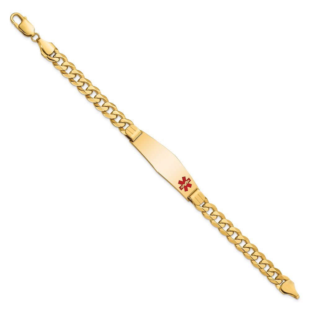 14K Yellow Gold Medical Solid Chain/Solid Plate Soft Diamond Shape 39X12mm Off Center Red Enamel Flat Curb Link 8 Inch Id Bracelet