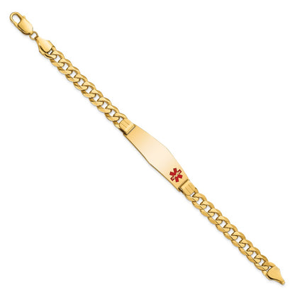 14K Yellow Gold Medical Solid Chain/Solid Plate Soft Diamond Shape 39X12mm Off Center Red Enamel Flat Curb Link 8 Inch Id Bracelet