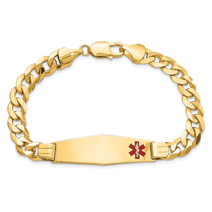 14K Yellow Gold Medical Solid Chain/Solid Plate Soft Diamond Shape 39X12mm Off Center Red Enamel Flat Curb Link 8 Inch Id Bracelet