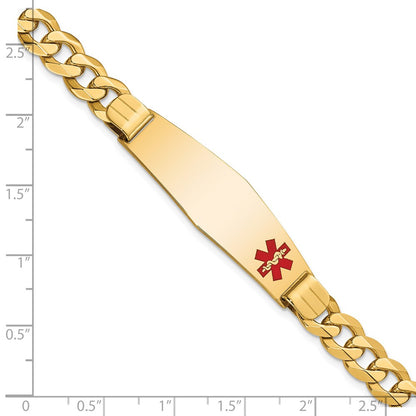 14K Yellow Gold Medical Solid Chain/Solid Plate Soft Diamond Shape 39X12mm Off Center Red Enamel Flat Curb Link 8 Inch Id Bracelet