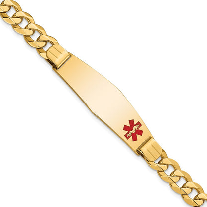 14K Yellow Gold Medical Solid Chain/Solid Plate Soft Diamond Shape 39X12mm Off Center Red Enamel Flat Curb Link 8 Inch Id Bracelet