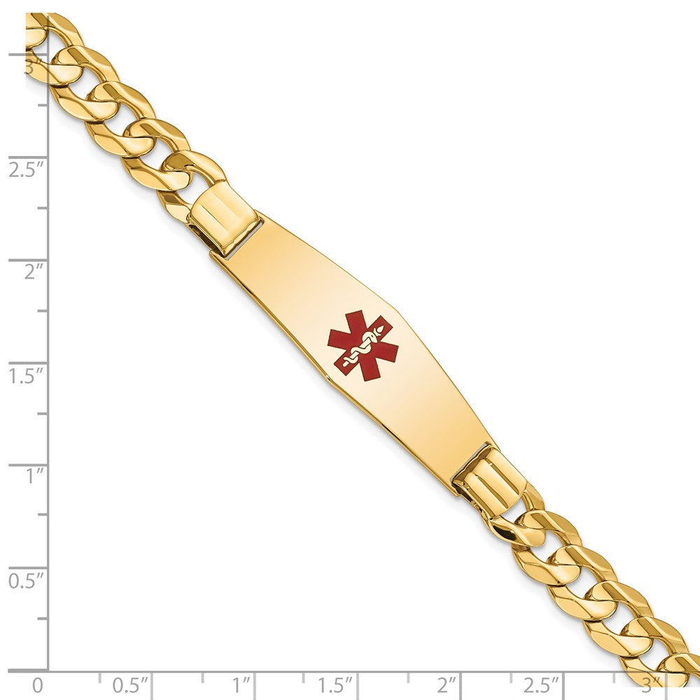 14K Yellow Gold Medical Solid Chain/Solid Plate Soft Diamond Shape 40X12mm Centered Red Enamel Curb Link 8 Inch Id Bracelet