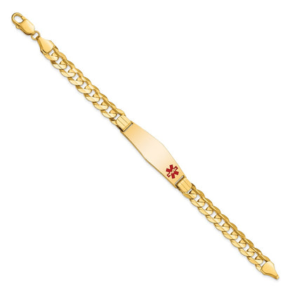 14K Yellow Gold Medical Solid Chain/Solid Plate Soft Diamond Shape 39X12mm Off Center Red Enamel Curb Link 8 Inch Id Bracelet