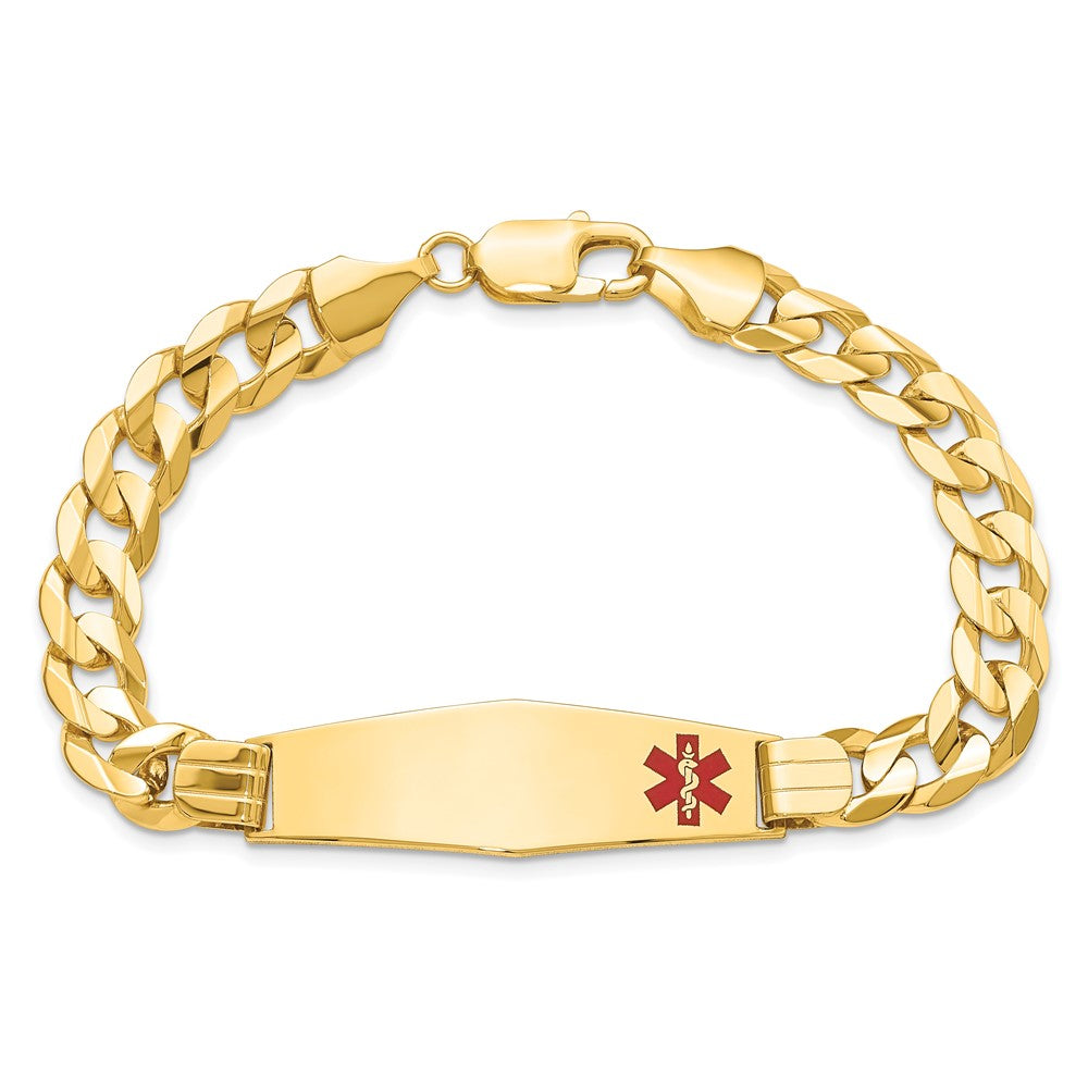 14K Yellow Gold Medical Solid Chain/Solid Plate Soft Diamond Shape 39X12mm Off Center Red Enamel Curb Link 8 Inch Id Bracelet